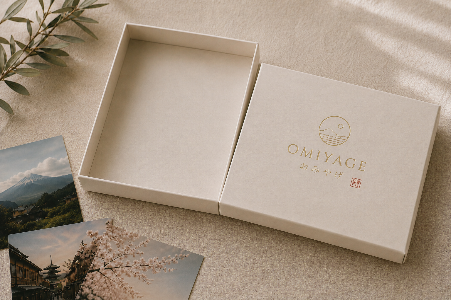 Detailfoto van de gouden Omiyage-belettering op de geschenkdoos